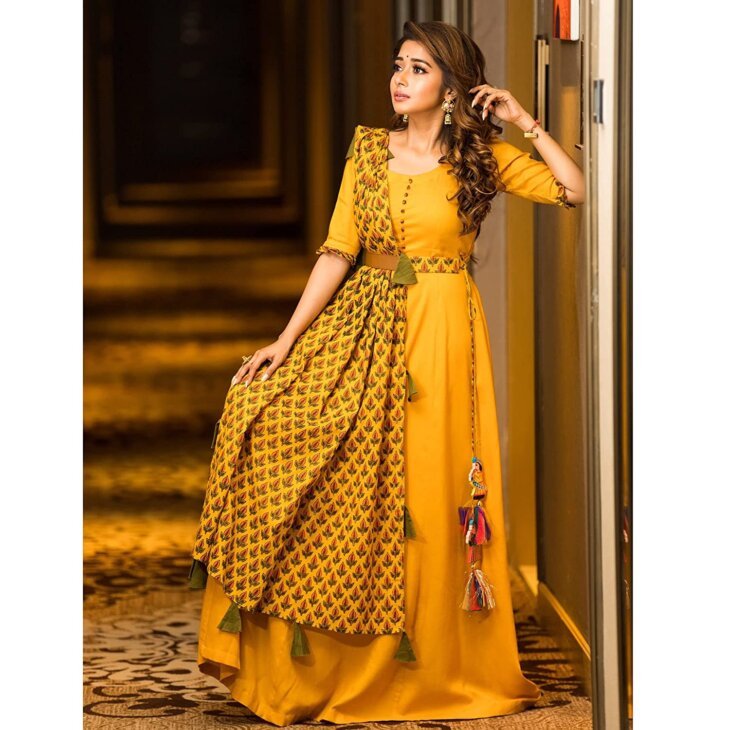 Designer Yellow Color Stylish Haldi Gown With Chanderi Dupatta Designer Dress