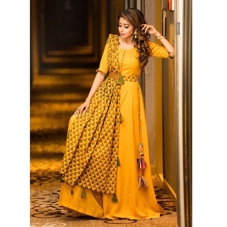 Designer Yellow Color Stylish Haldi Gown With Chanderi Dupatta Designer Dress - Image 2