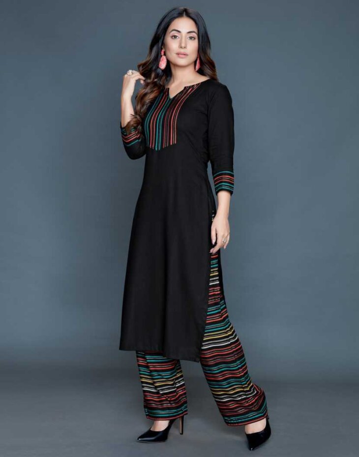 Women Striped, Printed, Embellished Rayon Straight Kurta